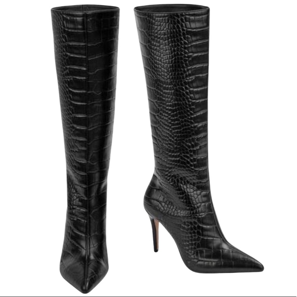 MISSGUIDED Mock Croc Mid Heel Knee High Boot